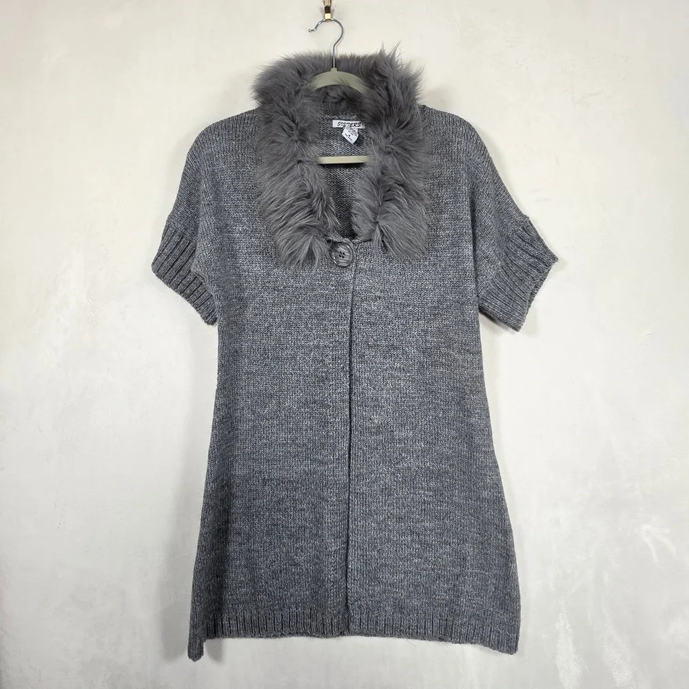 Sisters Cardigan Women's M Gray Wool Knit Faux Fur Short Sleeve Boho